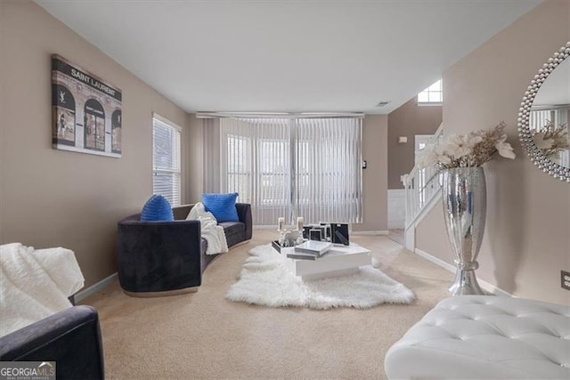 living area with baseboards and carpet floors