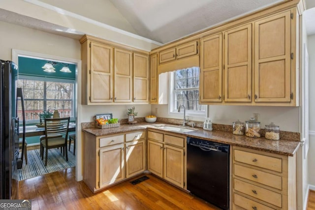 4125 Gables Pl, Buford, GA 30519 - kitchen with black appliances, lofted ceiling, wood finished floors, and stone counters