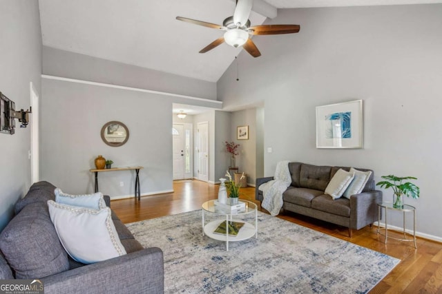 4125 Gables Pl, Buford, GA 30519 - living room with ceiling fan, wood finished floors, and high vaulted ceiling
