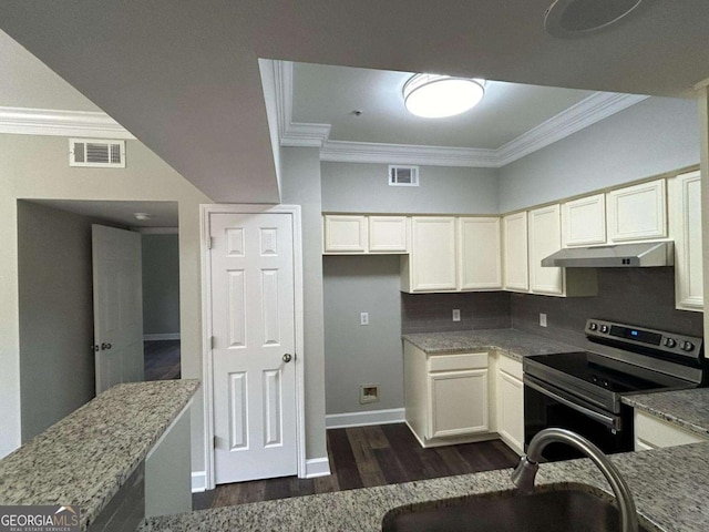 kitchen featuring under cabinet range hood, stainless steel electric range oven, visible vents, and a sink