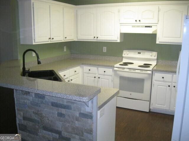 103 Twilight Ct, Jackson, GA 30233 - kitchen with white electric stove, a peninsula, a sink, under cabinet range hood, and white cabinetry