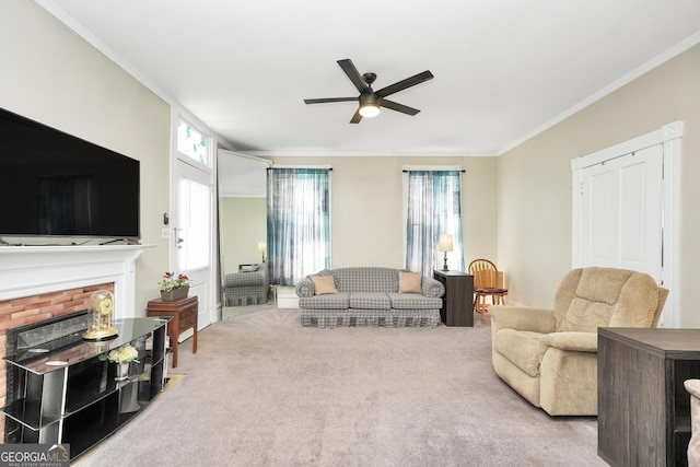 carpeted living area with a ceiling fan, ornamental molding, and a fireplace