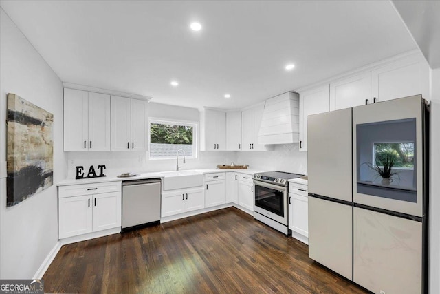 kitchen with premium range hood, a sink, light countertops, dark wood-type flooring, and appliances with stainless steel finishes