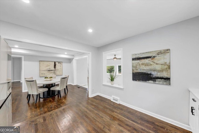 dining room with recessed lighting, visible vents, baseboards, and dark wood-type flooring