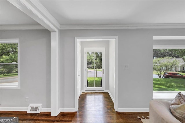 foyer entrance featuring visible vents, baseboards, dark wood-style floors, and ornamental molding