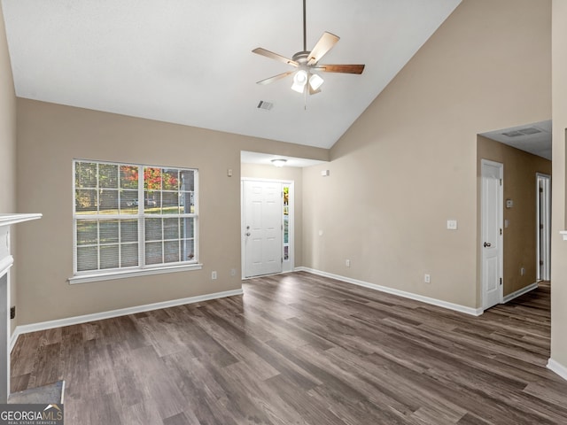 unfurnished living room with baseboards, visible vents, high vaulted ceiling, dark wood-style flooring, and ceiling fan