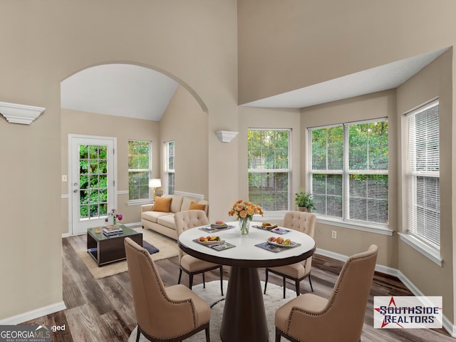 dining space featuring plenty of natural light, wood finished floors, arched walkways, and baseboards