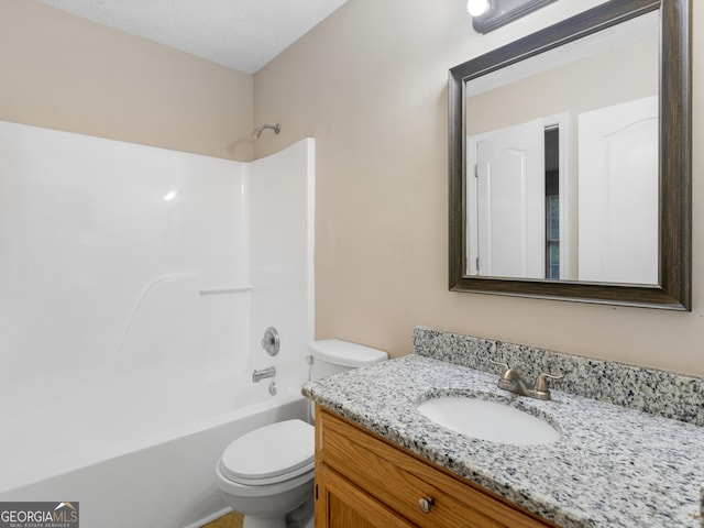 full bathroom featuring shower / bathtub combination, toilet, vanity, and a textured ceiling