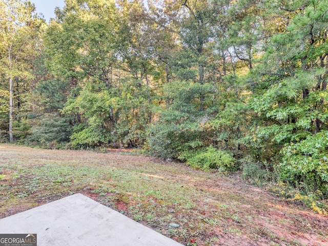 view of yard featuring a patio area and a forest view