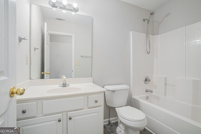 full bath with visible vents, baseboards, washtub / shower combination, toilet, and vanity