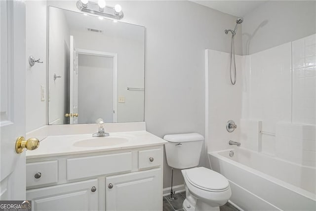 bathroom with vanity, toilet, bathtub / shower combination, and visible vents