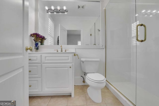 full bath with visible vents, ornamental molding, tile patterned flooring, a shower stall, and toilet