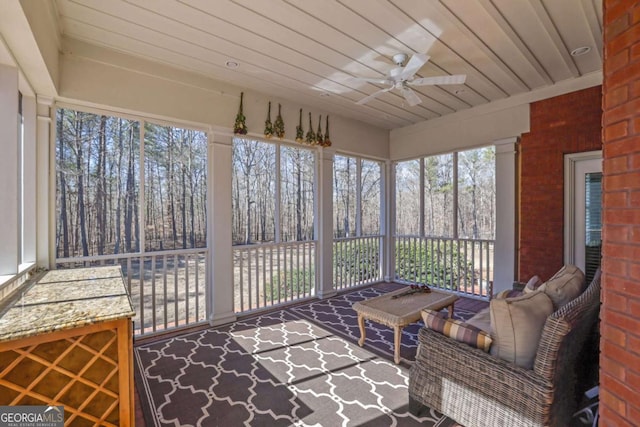 sunroom / solarium featuring wooden ceiling and a ceiling fan