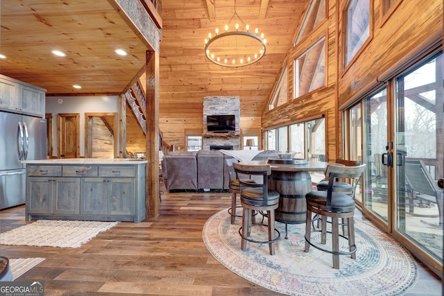 dining area featuring a notable chandelier, high vaulted ceiling, wood finished floors, wooden ceiling, and wood walls