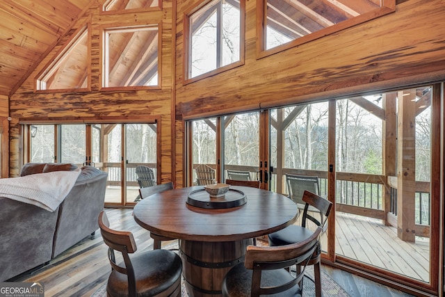 dining space featuring wooden ceiling, wood finished floors, wood walls, and high vaulted ceiling