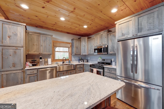 kitchen with recessed lighting, wood ceiling, appliances with stainless steel finishes, and a sink