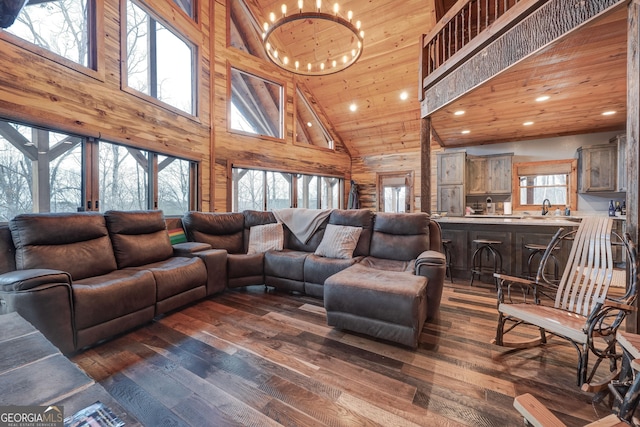 living room featuring dark wood-style floors, wooden walls, and a healthy amount of sunlight