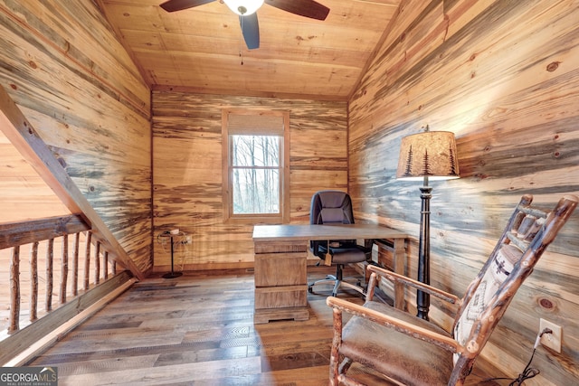 unfurnished office with ceiling fan, wood finished floors, wooden ceiling, and vaulted ceiling