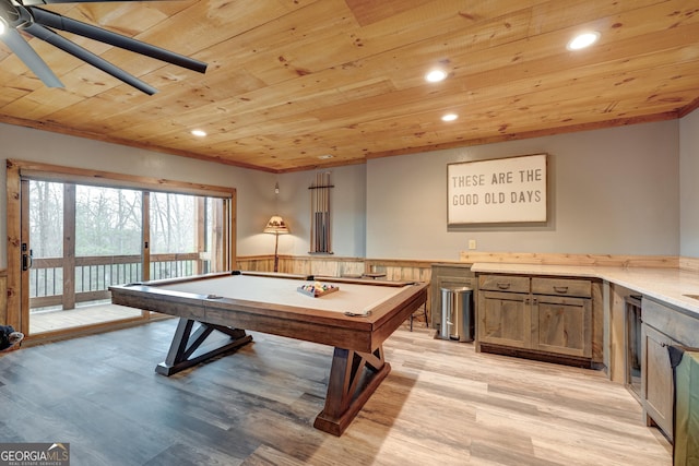recreation room with billiards, a wainscoted wall, recessed lighting, wood ceiling, and light wood-type flooring