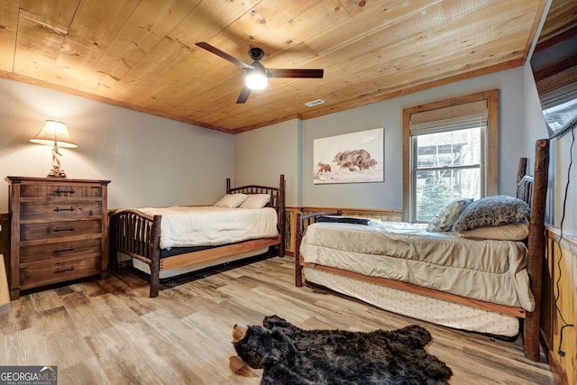 bedroom with visible vents, ornamental molding, wood ceiling, and wood finished floors