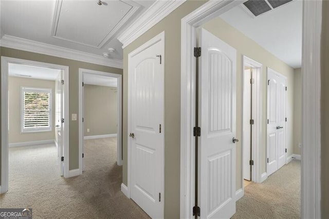 hall with baseboards, carpet floors, visible vents, attic access, and crown molding