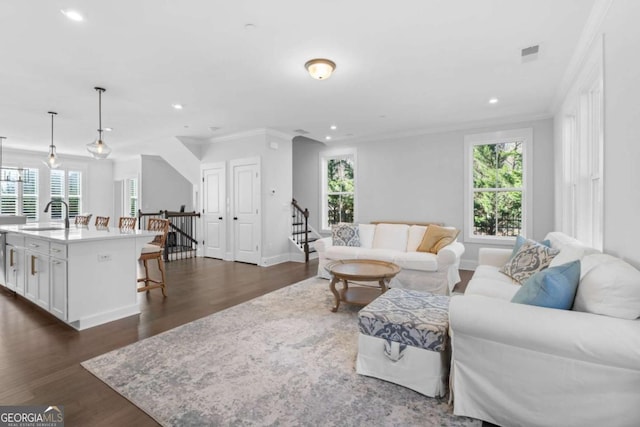 living room with dark wood finished floors, visible vents, crown molding, and a wealth of natural light