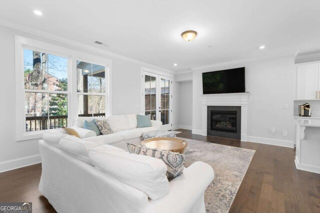 living area with dark wood-type flooring, ornamental molding, a glass covered fireplace, recessed lighting, and baseboards