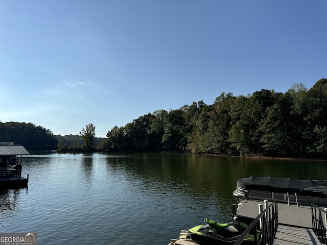 dock area featuring a view of trees and a water view