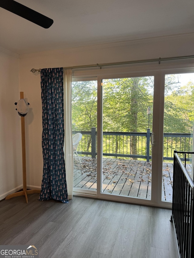 doorway with plenty of natural light, crown molding, and wood finished floors