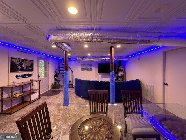 recreation room featuring visible vents and an ornate ceiling