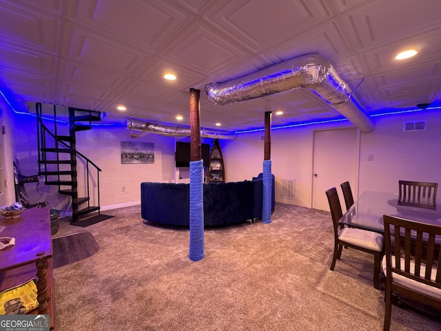 recreation room featuring carpet floors, visible vents, and recessed lighting
