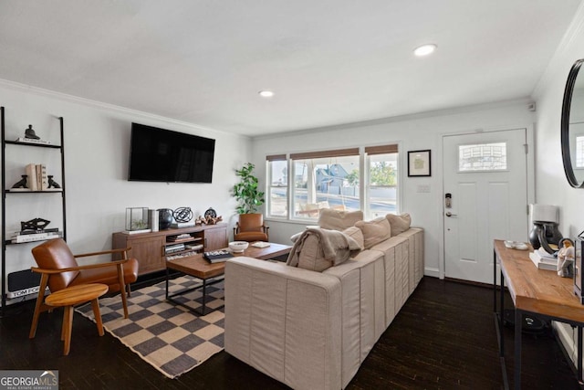 living room featuring recessed lighting, dark wood-type flooring, and crown molding