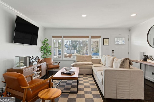 living area featuring crown molding and recessed lighting