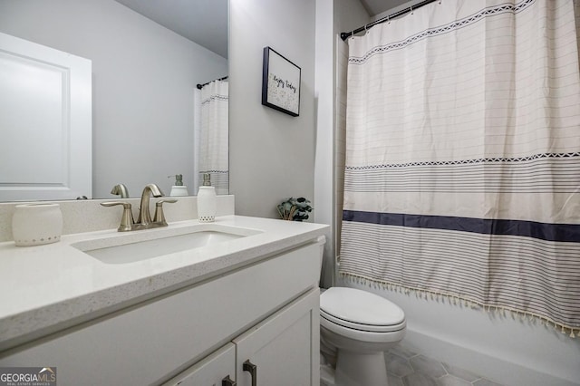 full bathroom featuring vanity, shower / bath combination with curtain, and toilet