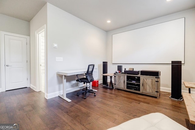 office with recessed lighting, baseboards, and wood finished floors