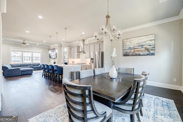 dining area featuring recessed lighting, dark wood-style floors, baseboards, and ornamental molding