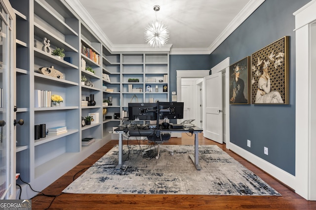 office space with crown molding, baseboards, dark wood-style flooring, and a chandelier