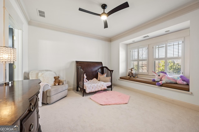 living area featuring crown molding, carpet flooring, baseboards, and visible vents