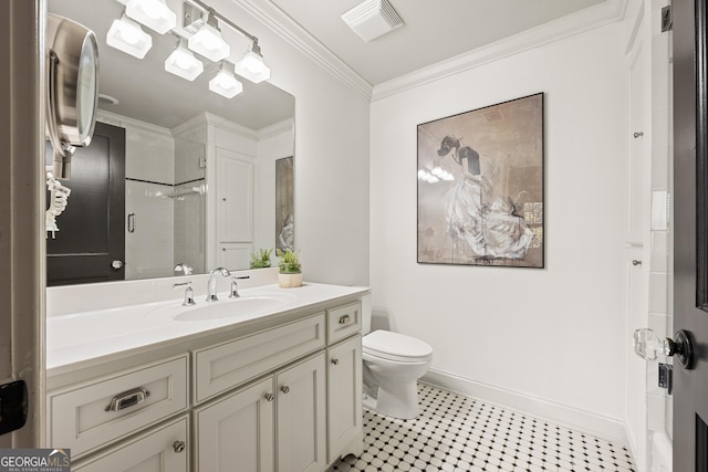 full bathroom with vanity, baseboards, ornamental molding, toilet, and a shower with door