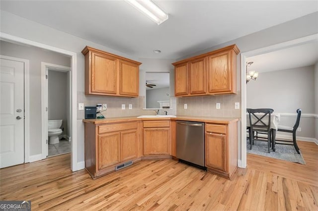 kitchen with visible vents, backsplash, light countertops, stainless steel dishwasher, and a sink