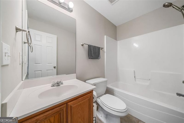 full bath featuring visible vents, shower / bathtub combination, toilet, and vanity