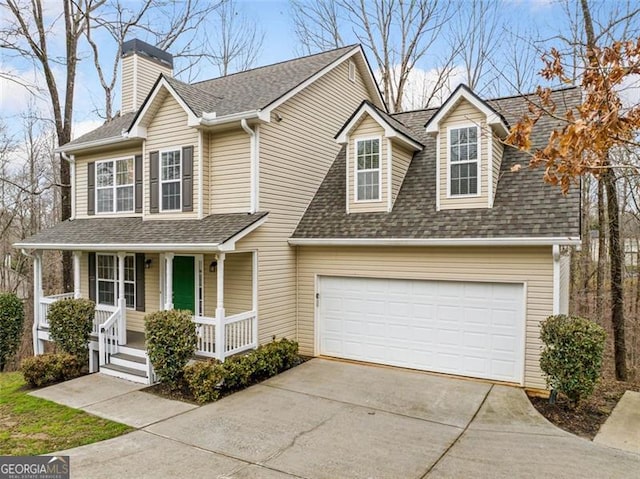 view of front of home featuring roof with shingles, covered porch, concrete driveway, and an attached garage