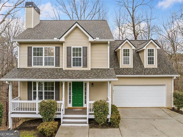 view of front facade with driveway, covered porch, a chimney, a shingled roof, and a garage