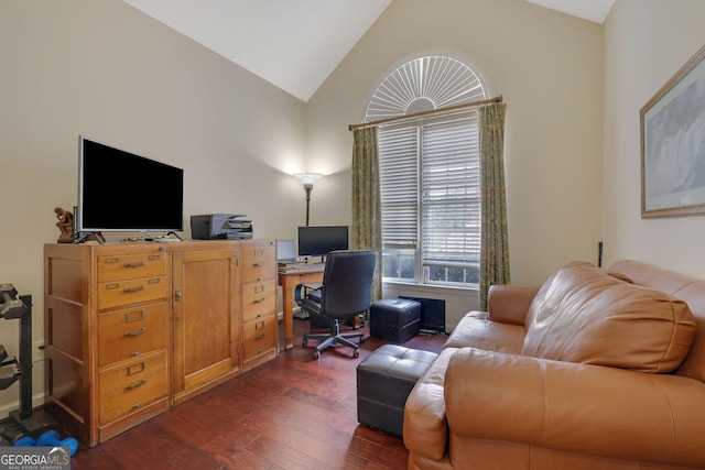 office with dark wood finished floors and vaulted ceiling