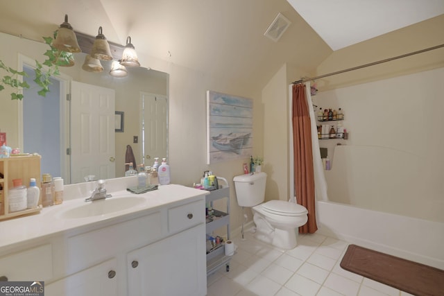 full bathroom featuring visible vents, toilet, tile patterned flooring, vanity, and vaulted ceiling