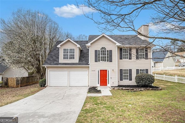 view of front of property featuring driveway, fence, roof with shingles, a front yard, and a garage