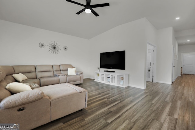 living area featuring recessed lighting, baseboards, a ceiling fan, and wood finished floors