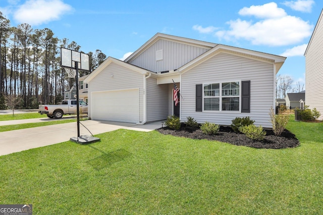 view of front facade with an attached garage, a front lawn, board and batten siding, and driveway