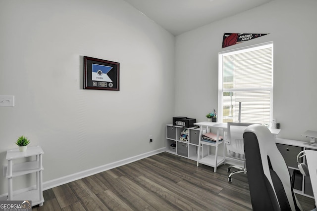 office with baseboards and dark wood-style flooring