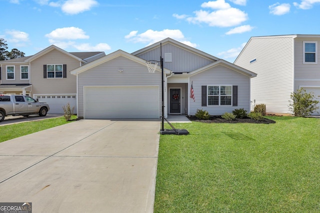 view of front of property featuring driveway, an attached garage, board and batten siding, and a front yard